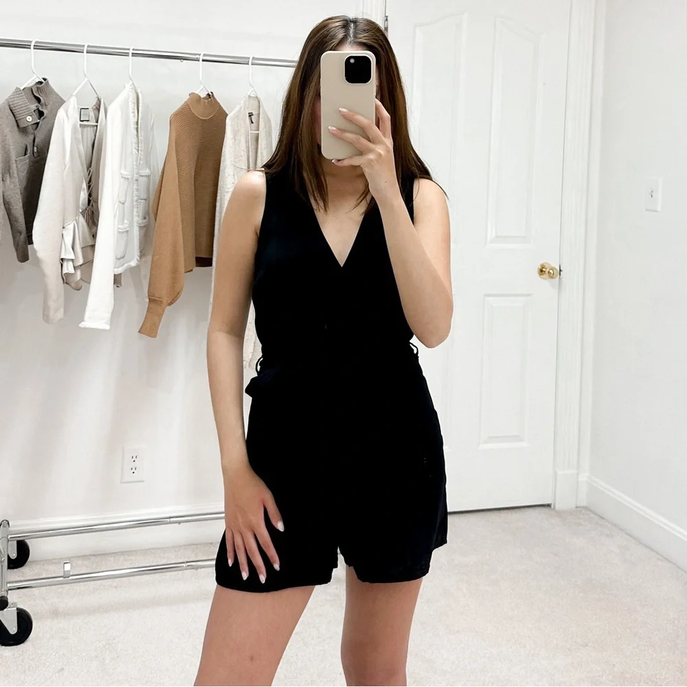 Abercrombie & Fitch Sleeveless Faux Wrap Tie Waist Romper in Black